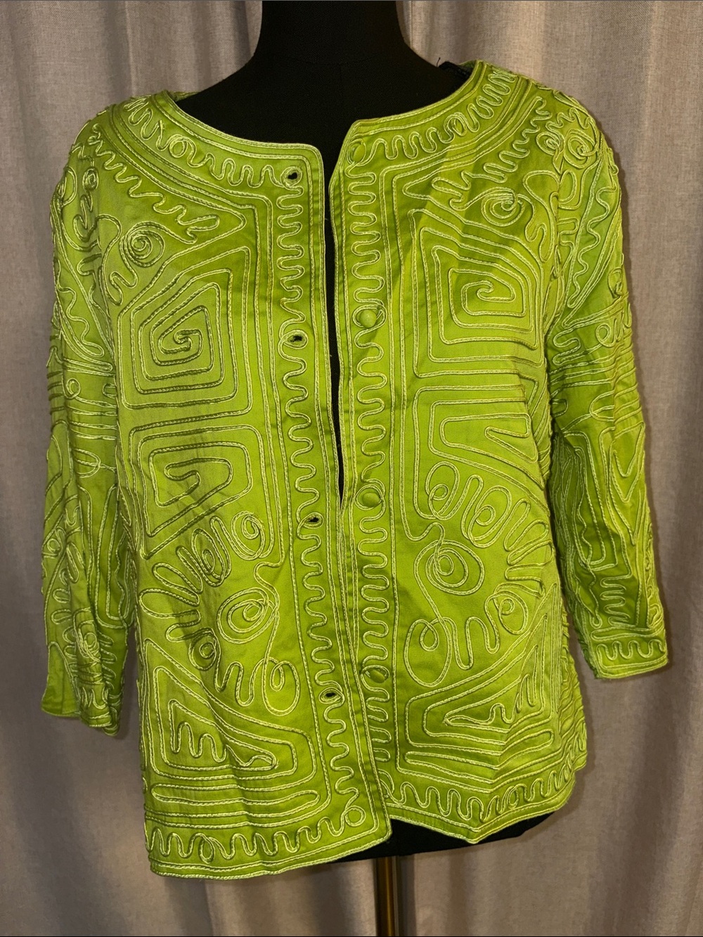 Lime Green Embroidered Open-Front Jacket